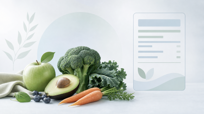 Illustrated fruits and vegetables beside an abstract food label