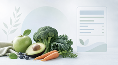 Illustrated fruits and vegetables beside an abstract food label