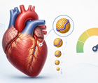 Stylized heart with LDL particles and risk gauge representing statin eligibility and LDLC targets