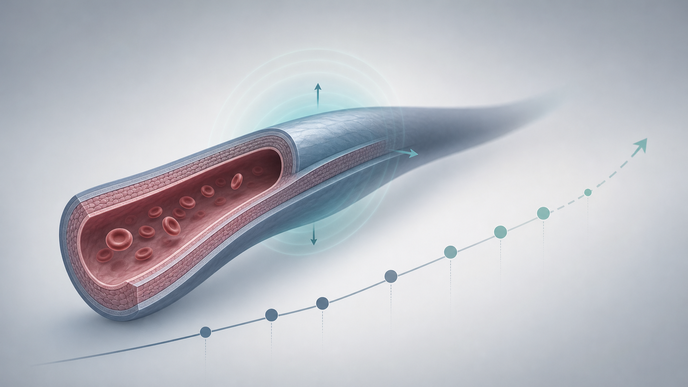 Simplified blood vessel and historical measurement dots illustrating hypertension prediction in type 2 diabetes