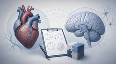 Stylized heart and brain illustrating MoCA cognitive assessment in cardiovascular disease