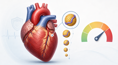 Stylized heart with LDL particles and risk gauge representing statin eligibility and LDLC targets