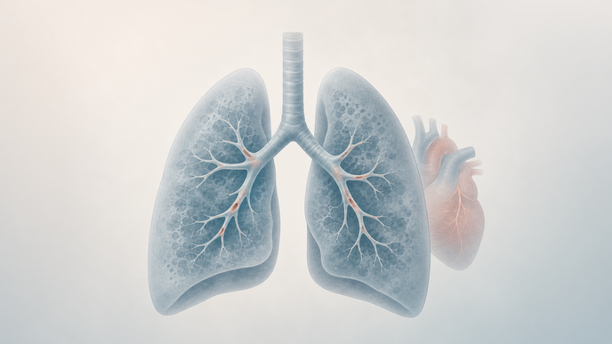 Illustrated lungs with narrowed airways and a small heart silhouette representing cardiovascular comorbidity in COPD